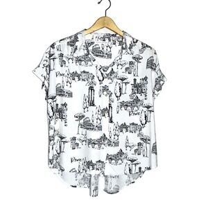 Jane And Delancey shirt blouse Women's M Short Sleeve paris France Novelty print